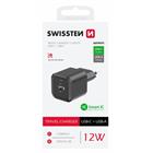 SWISSTEN SÍŤOVÝ ADAPTÉR 12W 1x USB-C + 1x USB-A ČERNÝ