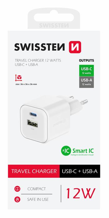 SWISSTEN SÍŤOVÝ ADAPTÉR 12W 1x USB-C + 1x USB-A BÍLÝ