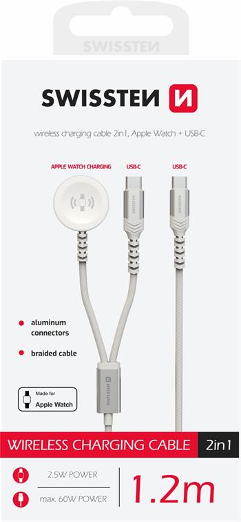 SWISSTEN OPLETENÝ MAGNETICKÝ KABEL 2v1 PRO APPLE WATCH A USB-C, USB-C 1.2 M BÍLÝ