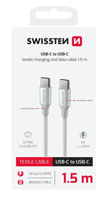 DATOVÝ KABEL SWISSTEN TEXTILE II USB-C / USB-C 1,5 M BÍLÝ