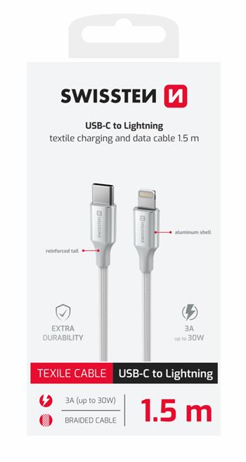 DATOVÝ KABEL SWISSTEN TEXTILE II USB-C / LIGHTNING 1,5 M BÍLÝ