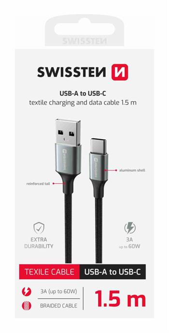 DATOVÝ KABEL SWISSTEN TEXTILE II USB / USB-C 1,5 M ČERNÝ