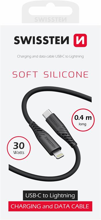 DATOVÝ KABEL SWISSTEN SOFT SILICONE USB-C / LIGHTNING 0,4 M ČERNÝ