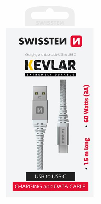 DATOVÝ KABEL SWISSTEN KEVLAR USB / USB-C 1,5 M BÍLÝ