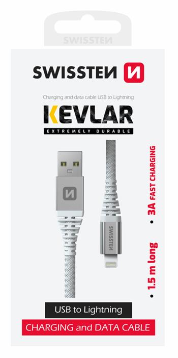 DATOVÝ KABEL SWISSTEN KEVLAR USB / LIGHTNING 1,5 M BÍLÝ