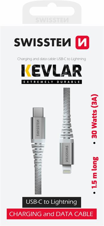 DATOVÝ KABEL SWISSTEN KEVLAR USB-C / LIGHTNING 1,5 M BÍLÝ