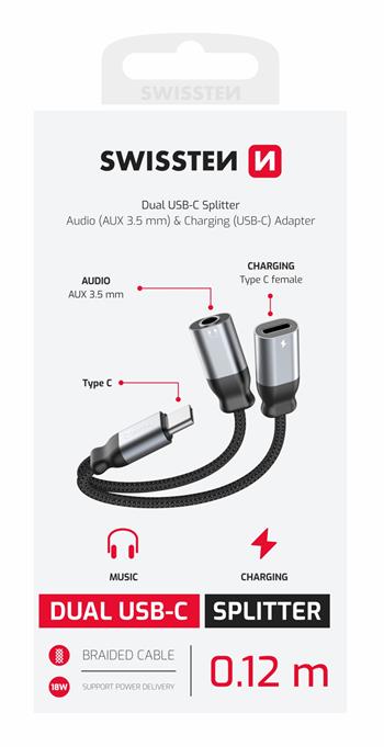 NABÍJECÍ AUDIO ADAPTÉR SWISSTEN TEXTILE USB-C (samec) / USB-C (samice) a 3,5mm AUX 0,12 M ČERNÝ