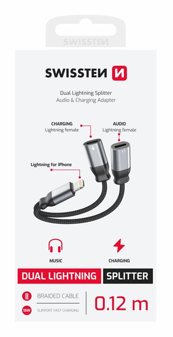 NABÍJECÍ AUDIO ADAPTÉR SWISSTEN TEXTILE LIGHTNING (samec) / 2x LIGHTNING (samice) 0,12 M ČERNÝ