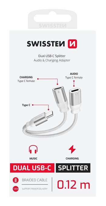 NABÍJECÍ AUDIO ADAPTÉR SWISSTEN TEXTILE USB-C (samec) / 2x USB-C (samice) 0,12 M BÍLÝ