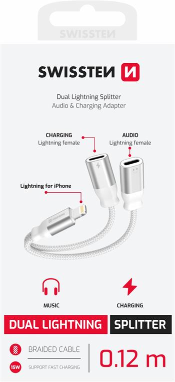 NABÍJECÍ AUDIO ADAPTÉR SWISSTEN TEXTILE LIGHTNING (samec) / 2x LIGHTNING (samice) 0,12 M BÍLÝ