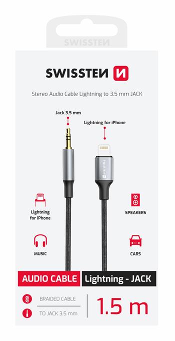 AUDIO ADAPTÉR SWISSTEN TEXTILE LIGHTNING (samec) / 3,5 mm JACK (samec) 1,5 M ČERNÝ (nahrazuje 73501213)