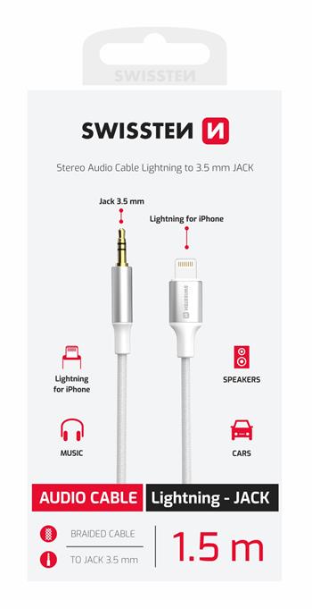 AUDIO ADAPTÉR SWISSTEN TEXTILE LIGHTNING (samec) / 3,5 mm JACK (samec) 1,5 M BÍLÝ