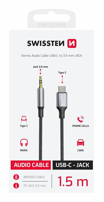 AUDIO ADAPTÉR SWISSTEN TEXTILE USB-C (samec) / 3,5 mm JACK (samec) 1,5M ČERNÝ (nahrazuje 73501303)