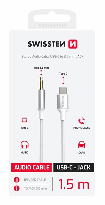 AUDIO ADAPTÉR SWISSTEN TEXTILE USB-C (samec) / 3,5 mm JACK (samec) 1,5M BÍLÝ