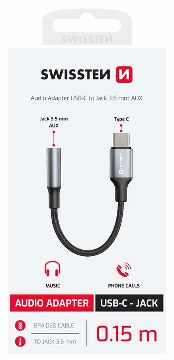 AUDIO ADAPTÉR SWISSTEN TEXTILE USB-C (samec) / 3,5mm AUX 0,15 M ČERNÝ (nahrazuje 73501301)