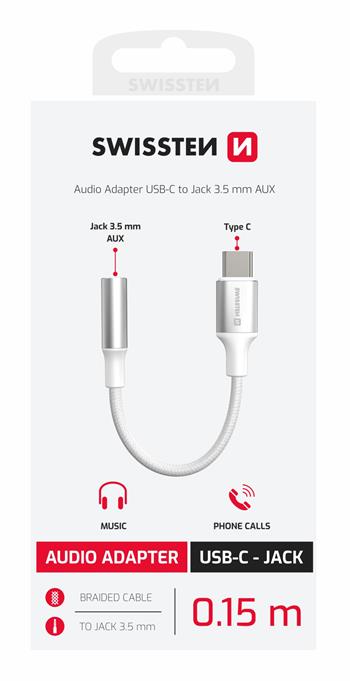 AUDIO ADAPTÉR SWISSTEN TEXTILE USB-C (samec) / 3,5mm AUX 0,15 M BÍLÝ (nahrazuje 73501302)