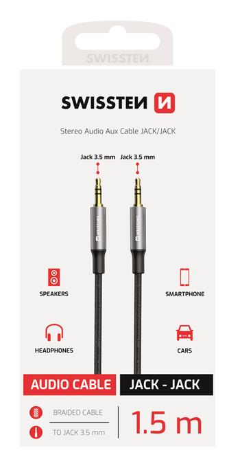 AUDIO KABEL SWISSTEN TEXTILE JACK (samec) / JACK (samec) 1,5 M ČERNÝ (nahrazuje 73501101)