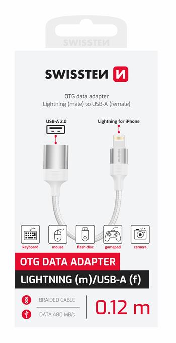 OTG ADAPTÉR SWISSTEN TEXTILE LIGHTNING (samec) / USB-A (samice) 0,12 M BÍLÝ