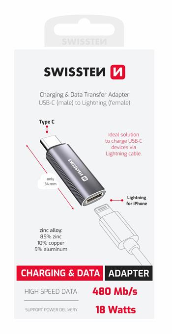 NABÍJECÍ ADAPTÉR SWISSTEN TEXTILE USB-C (samec) / LIGHTNING (samice) STŘÍBRNÝ