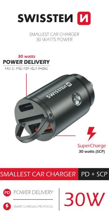 SWISSTEN CL ADAPTÉR POWER DELIVERY USB-C + SUPER CHARGE 3.0 30W NANO STŘÍBRNÝ