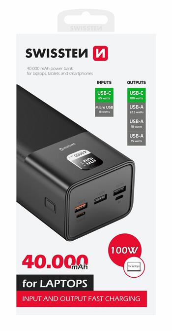 SWISSTEN POWER LINE POWER BANK 40000 mAh PRO NOTEBOOKY 100W POWER DELIVERY BLACK