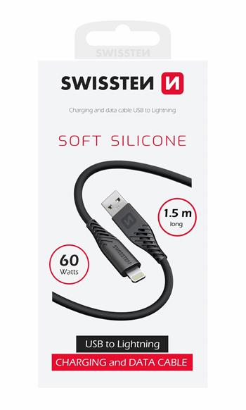 DATOVÝ KABEL SWISSTEN SOFT SILICONE USB / LIGHTNING 1,5 M 60W ČERNÝ