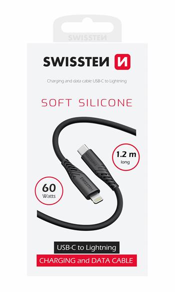 DATOVÝ KABEL SWISSTEN SOFT SILICONE USB-C / LIGHTNING 1,2 M 60W ČERNÝ